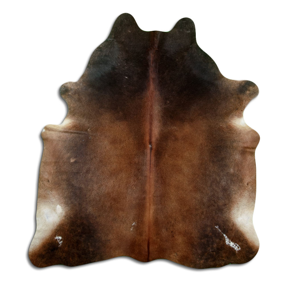 Brown cowhide rug of about 200 × 180 cm, seen from above: the exact hide you receive