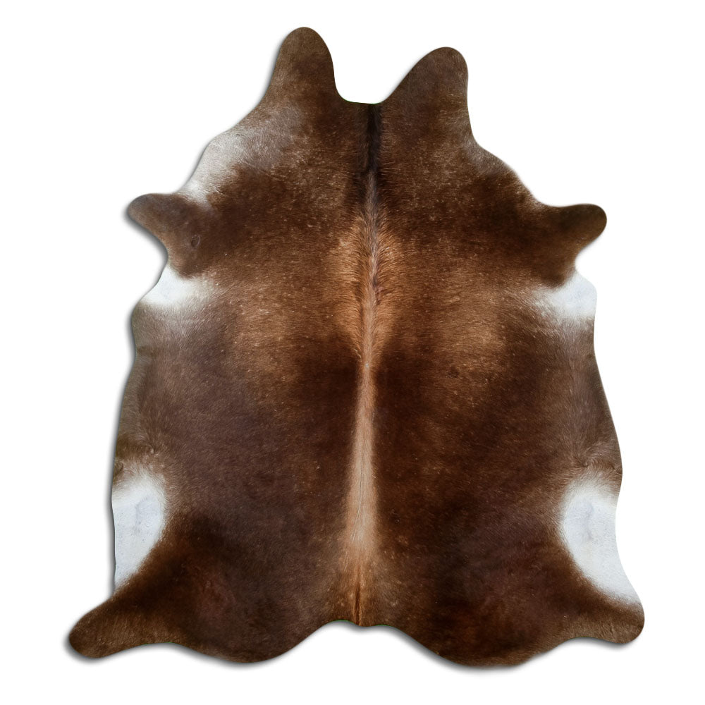 Brown cowhide rug of about 210 × 190 cm, seen from above: the exact hide you receive
