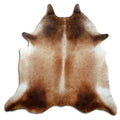 Brown cowhide rug of about 220 × 220 cm, seen from above: the exact hide you receive