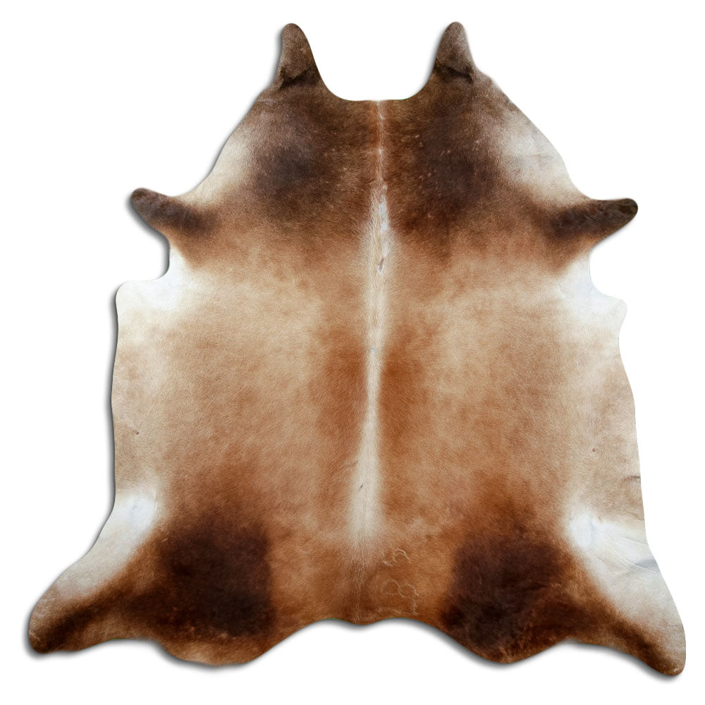 Brown cowhide rug of about 220 × 220 cm, seen from above: the exact hide you receive