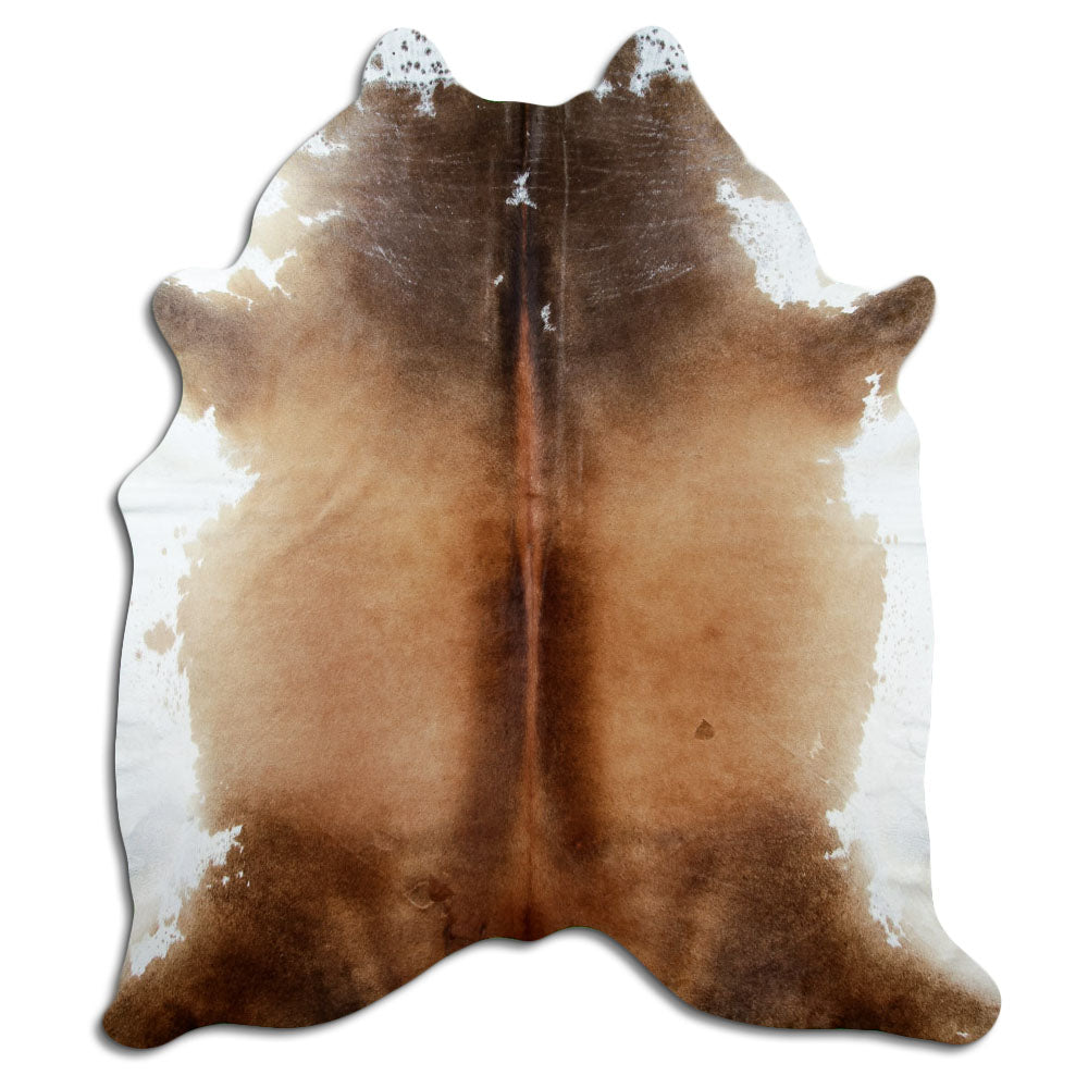 Brown cowhide rug of about 220 × 190 cm, seen from above: the exact hide you receive