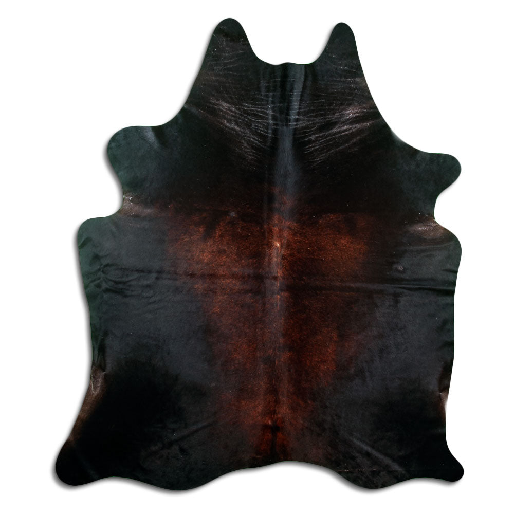 Brown cowhide rug of about 210 × 180 cm, seen from above: the exact hide you receive