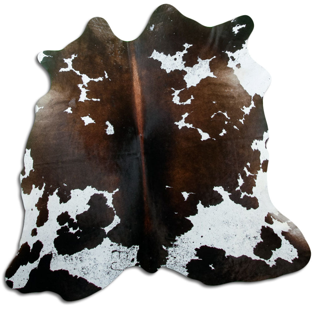 Tricolour cowhide rug of about 170 × 180 cm, seen from above: the exact hide you receive