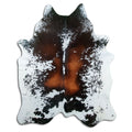 Tricolour cowhide rug of about 200 × 160 cm, seen from above: the exact hide you receive