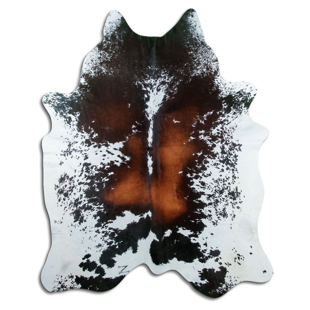 Tricolour cowhide rug of about 200 × 160 cm, seen from above: the exact hide you receive