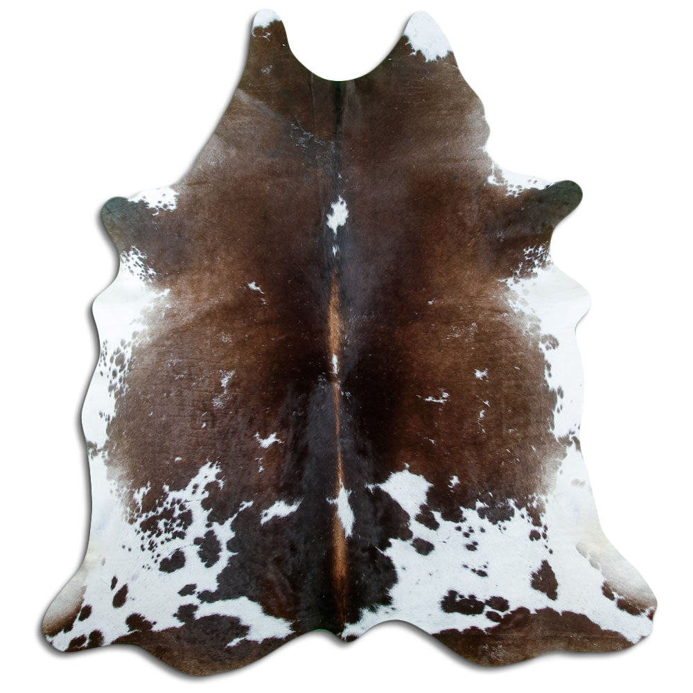 Tricolour cowhide rug of about 210 × 190 cm, seen from above: the exact hide you receive