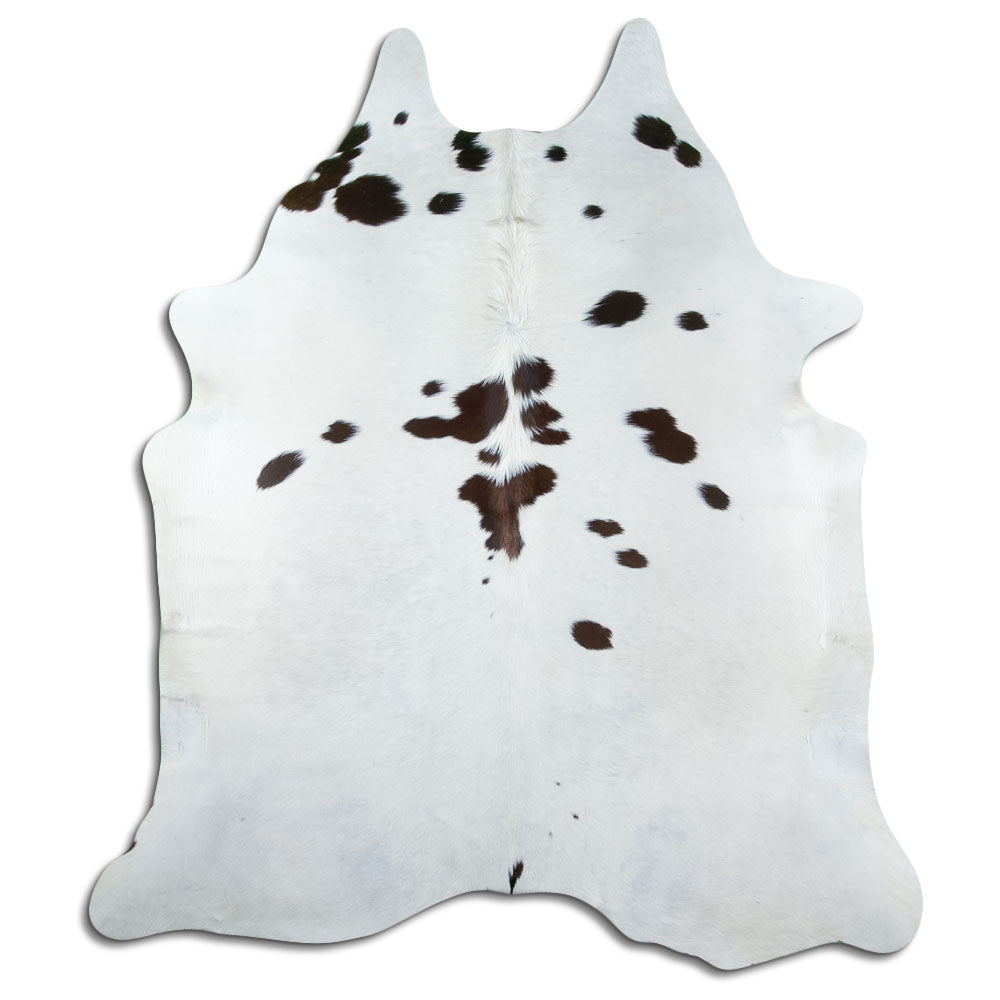 Tricolour cowhide rug of about 210 × 180 cm, seen from above: the exact hide you receive