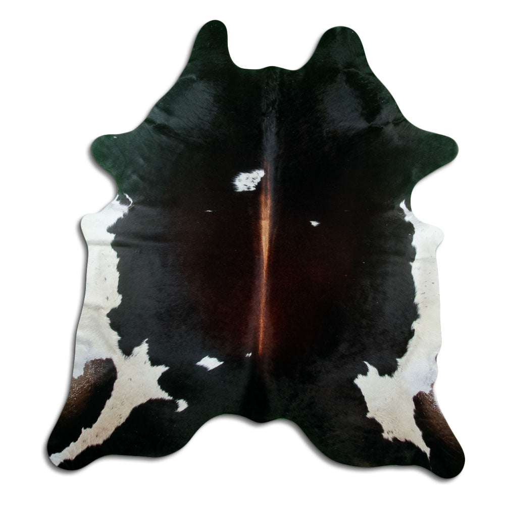 Tricolour cowhide rug of about 210 × 200 cm, seen from above: the exact hide you receive