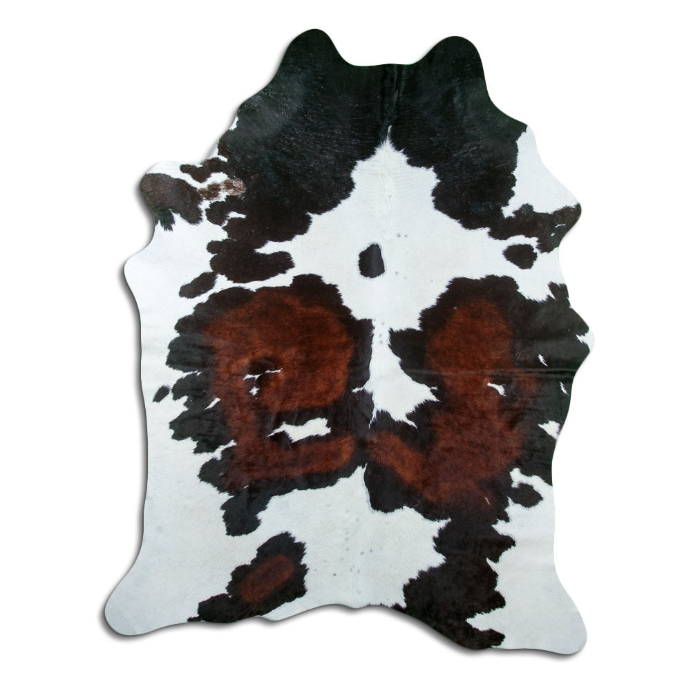 Tricolour cowhide rug of about 220 × 170 cm, seen from above: the exact hide you receive