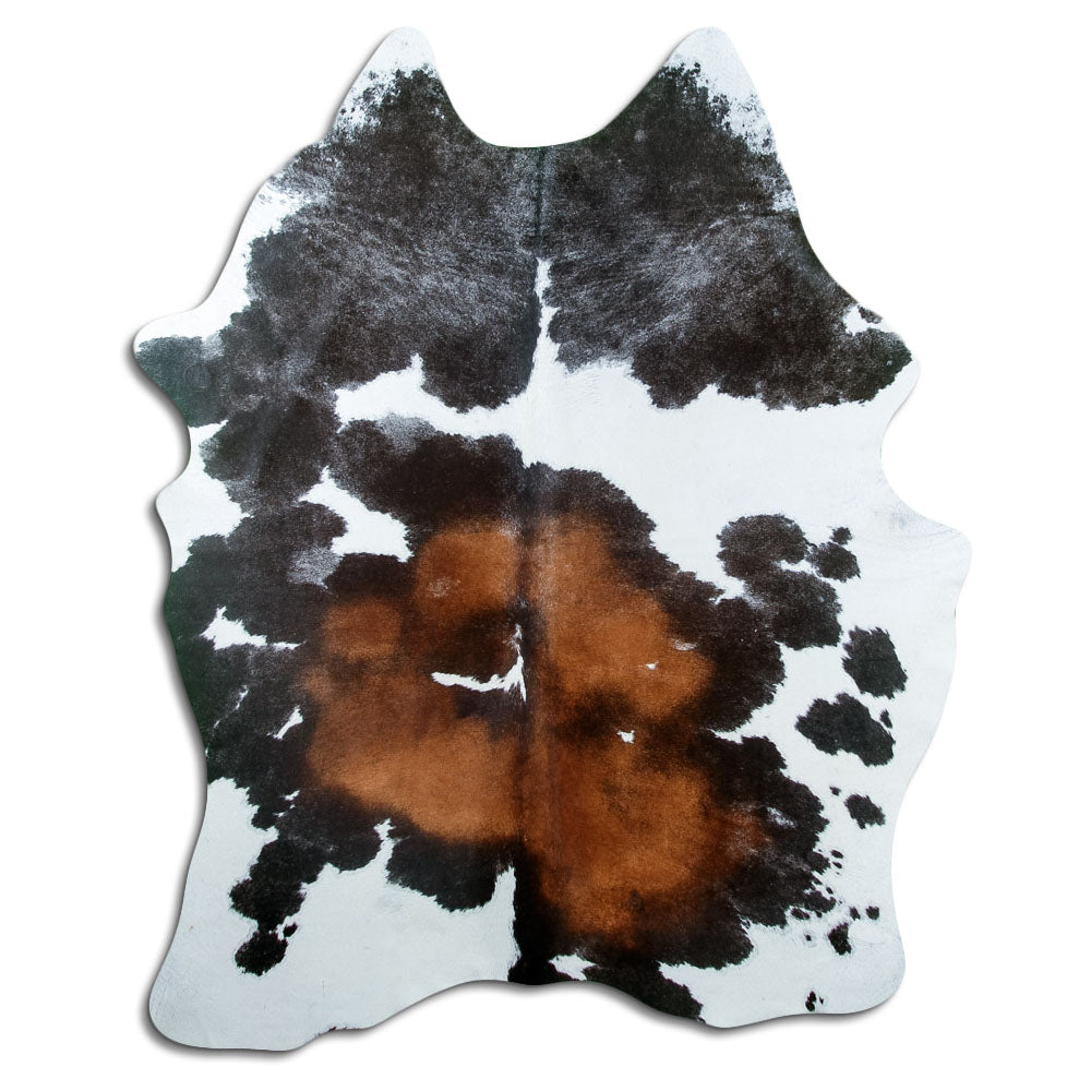 Tricolour cowhide rug of about 200 × 150 cm, seen from above: the exact hide you receive