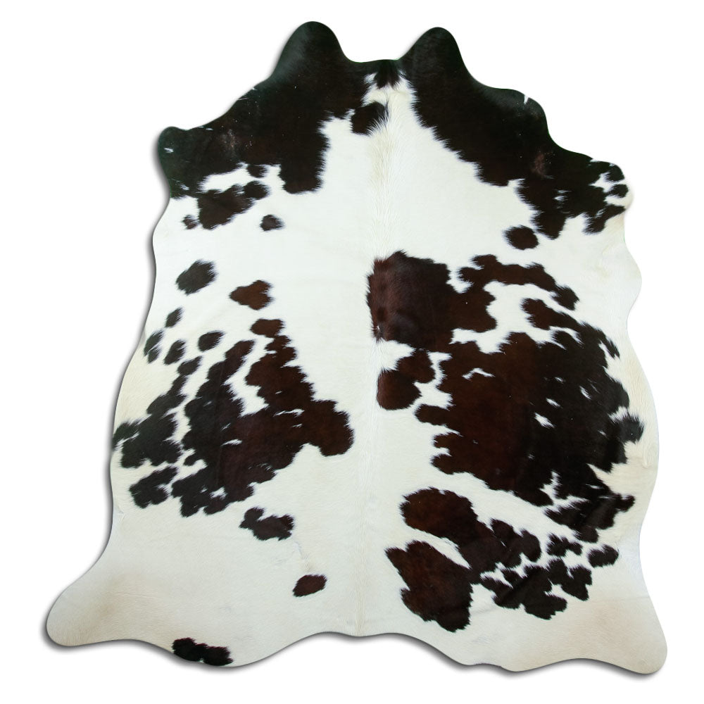 Tricolour cowhide rug of about 200 × 190 cm, seen from above: the exact hide you receive
