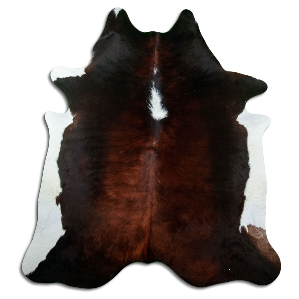 Tricolour cowhide rug of about 200 × 190 cm, seen from above: the exact hide you receive