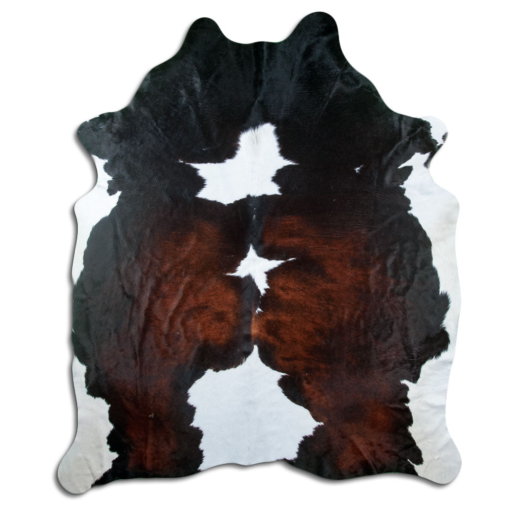Tricolour cowhide rug of about 240 × 200 cm, seen from above: the exact hide you receive