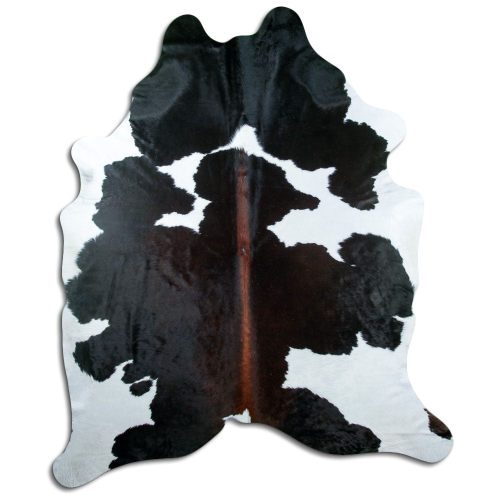 Tricolour cowhide rug of about 240 × 200 cm, seen from above: the exact hide you receive