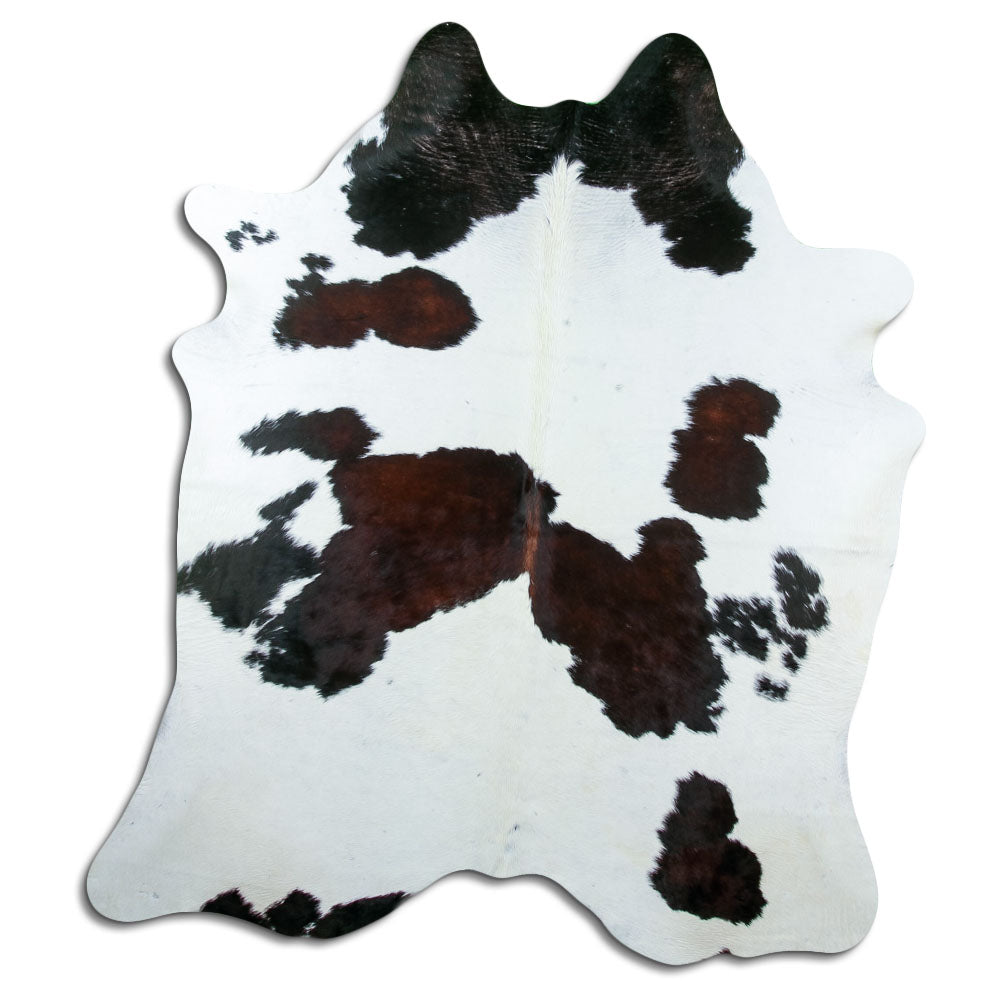 Tricolour cowhide rug of about 200 × 180 cm, seen from above: the exact hide you receive
