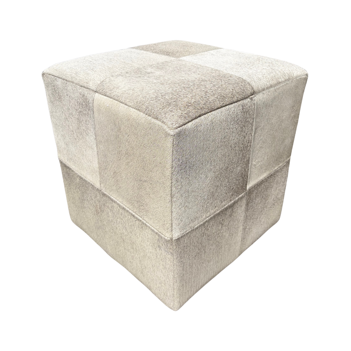 Patchwork cowhide ottoman in light grey tones
