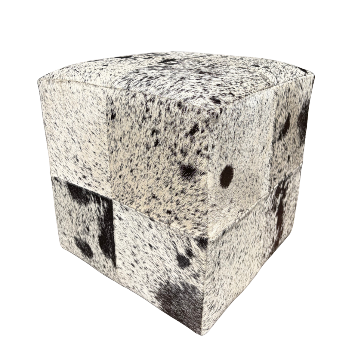 Patchwork cowhide ottoman in speckled grey and white