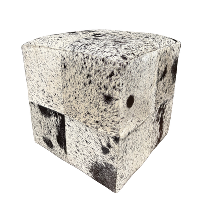 Patchwork cowhide ottoman in speckled grey and white