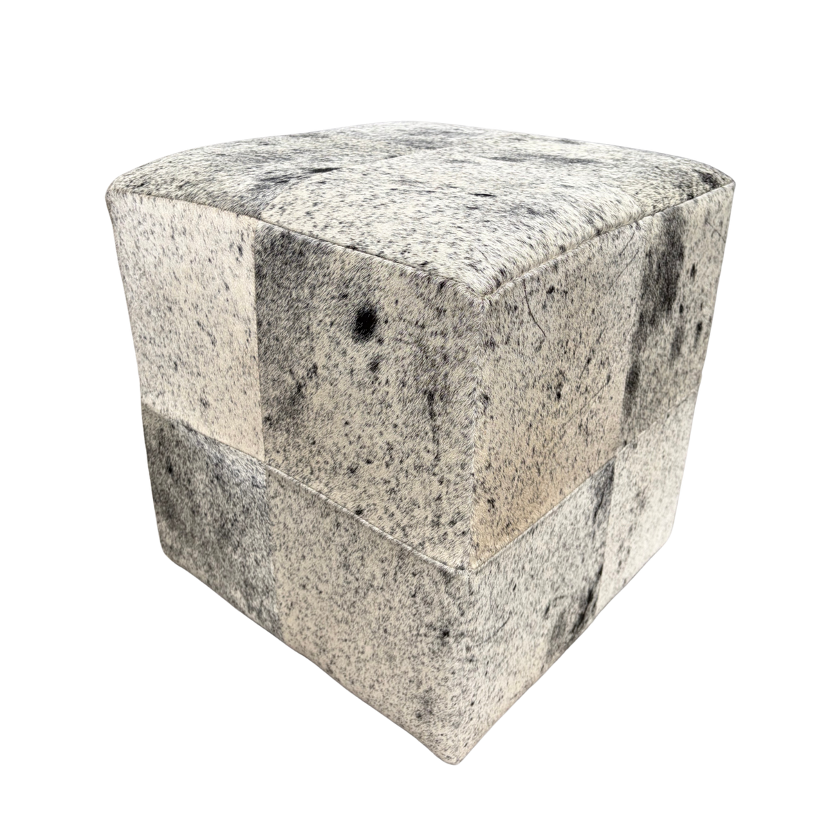 Patchwork cowhide ottoman in grey and white, speckled