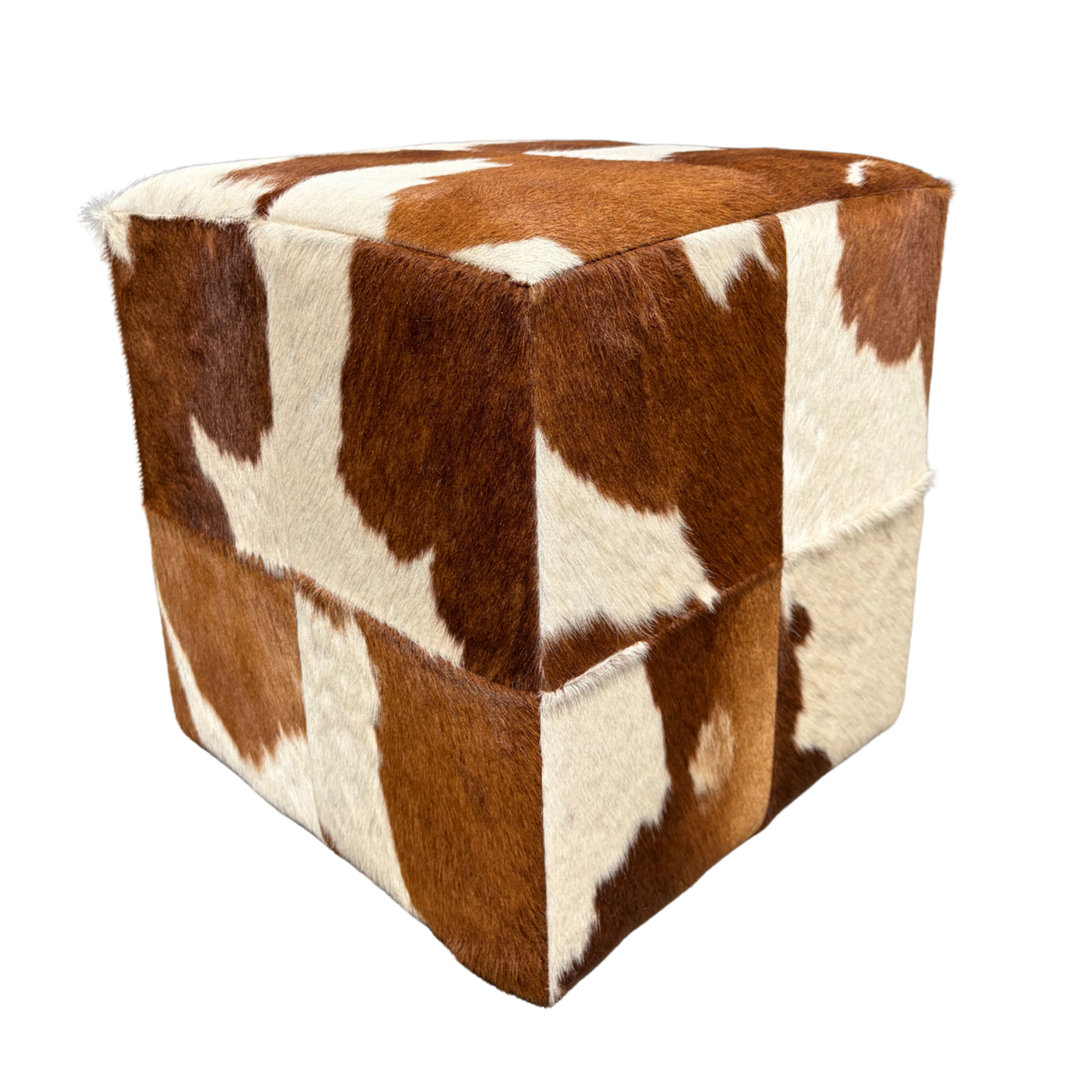 Patchwork cowhide ottoman in brown and white