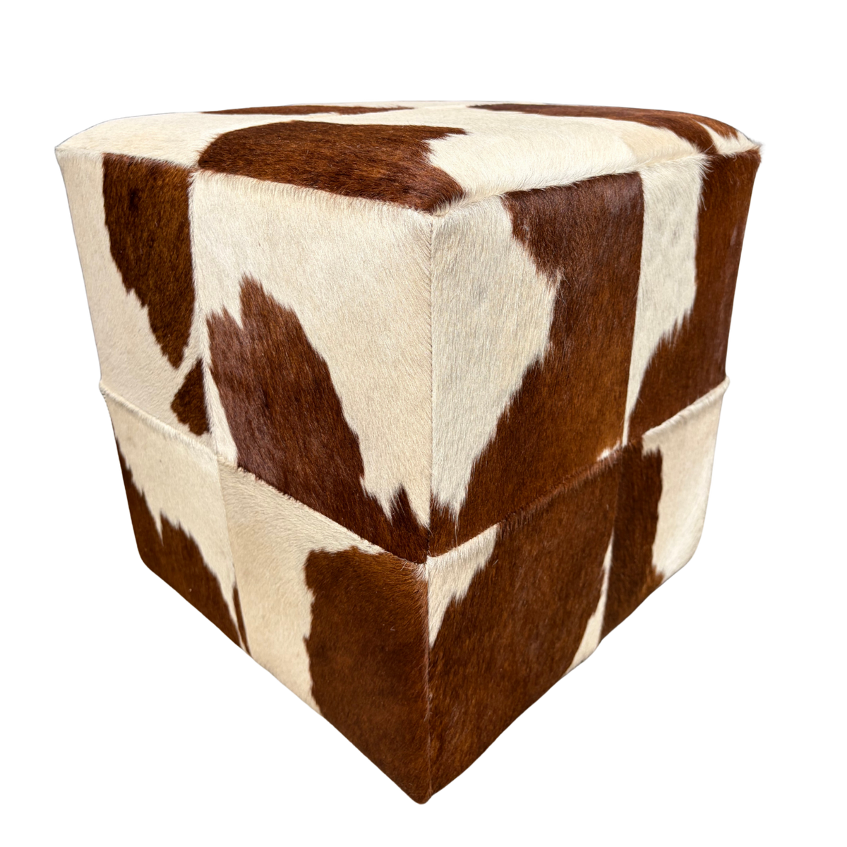 Patchwork cowhide ottoman in brown and white, another piece