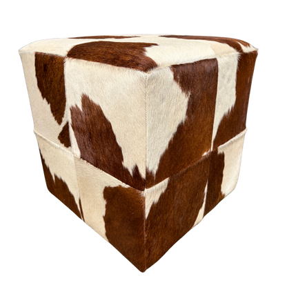 Patchwork cowhide ottoman in brown and white, another piece