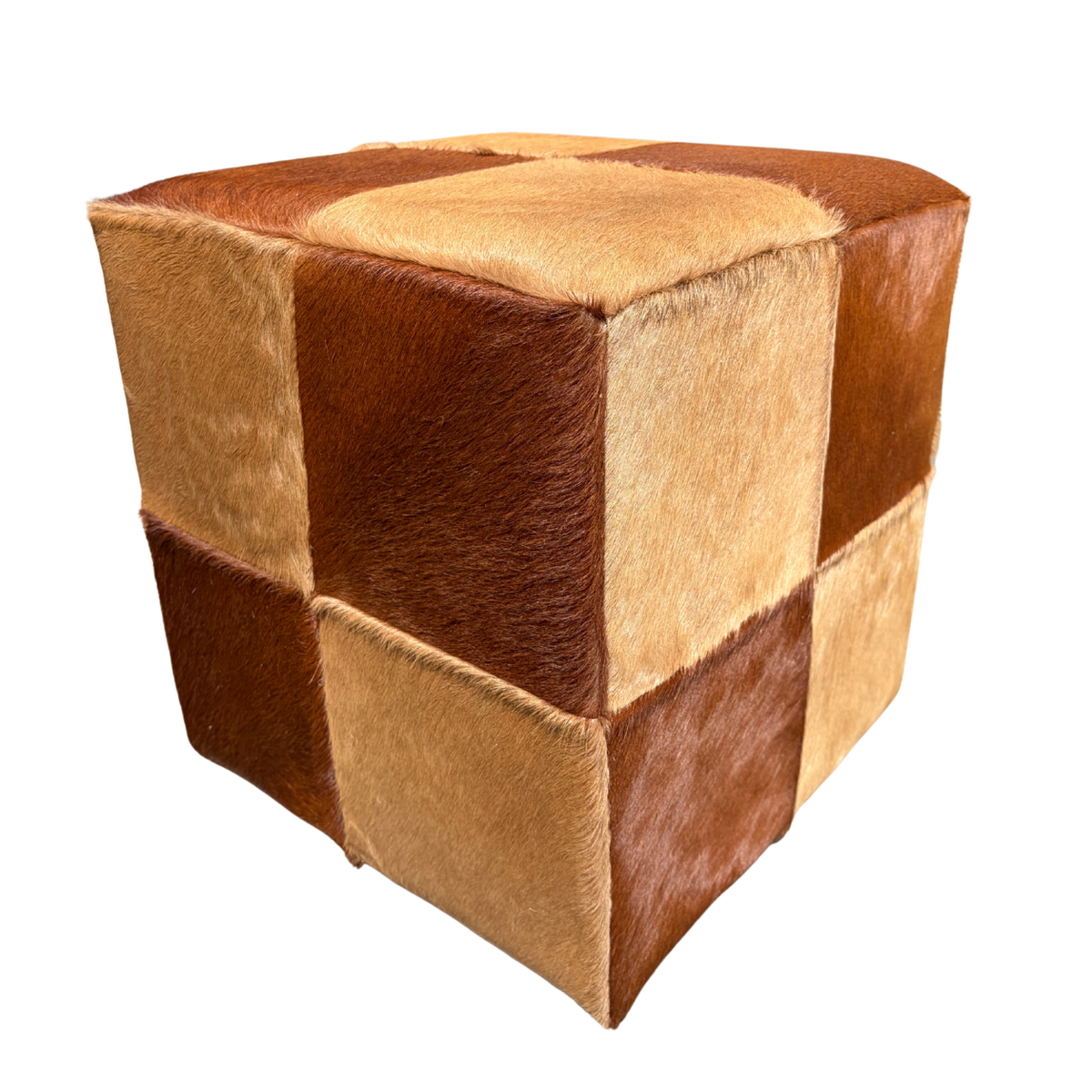 Patchwork cowhide ottoman in two shades of brown