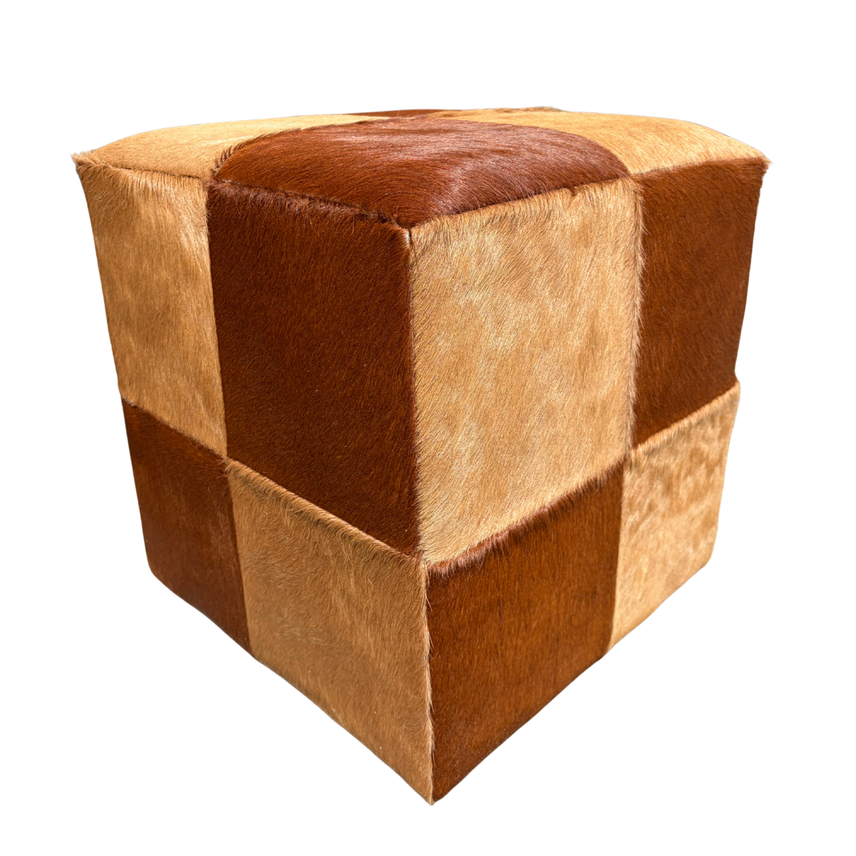 Patchwork cowhide ottoman in two shades of brown, another piece