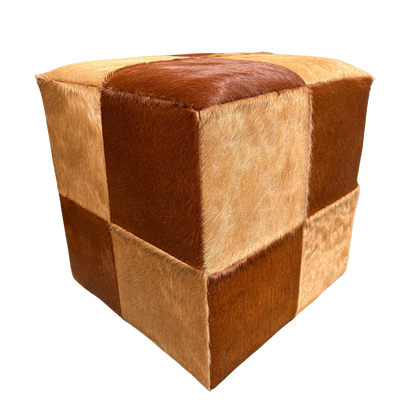 Patchwork cowhide ottoman in two shades of brown, another piece