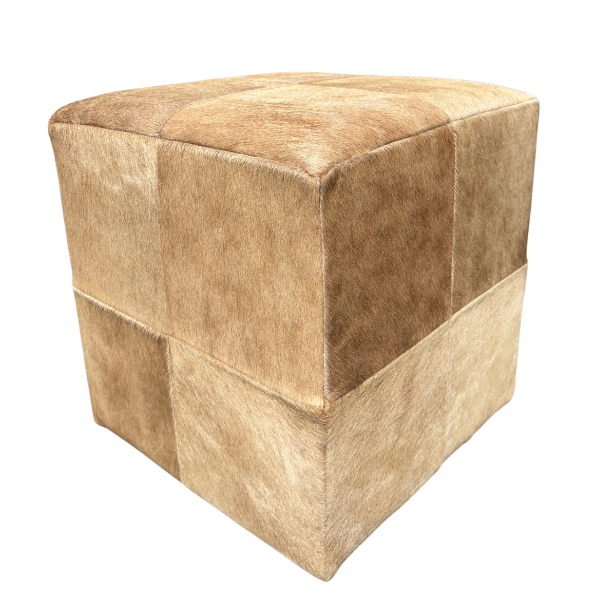 Patchwork cowhide ottoman in light brown tones