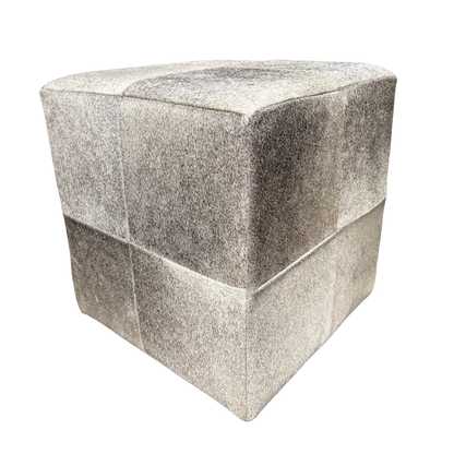 Patchwork cowhide ottoman in grey and white