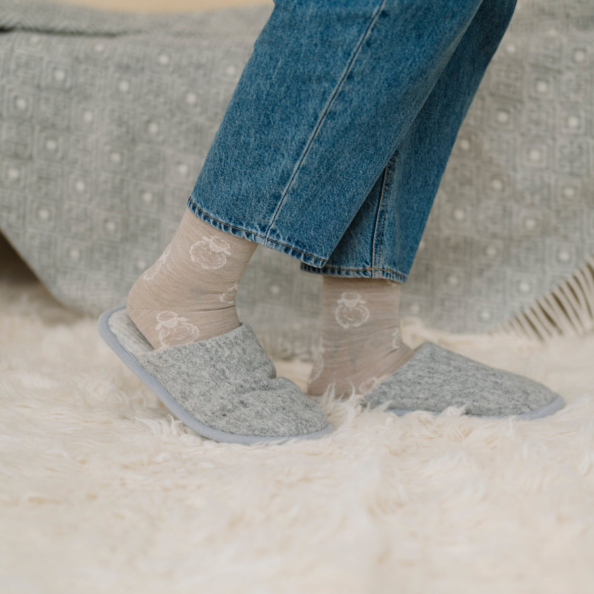 Marble merino slippers worn with jeans