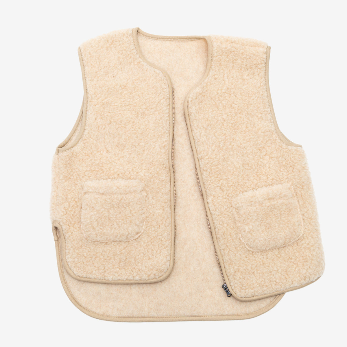 Beige Island merino vest, front, partly open