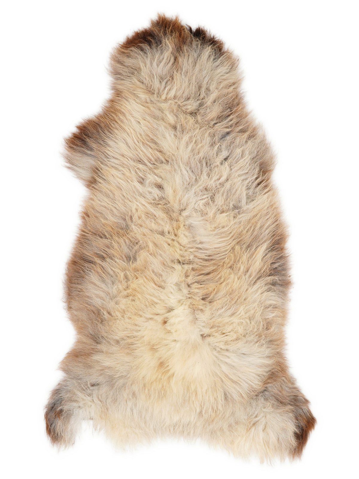 British multicolour sheepskin rug of about 130 × 60 cm, seen from above: the exact sheepskin you receive