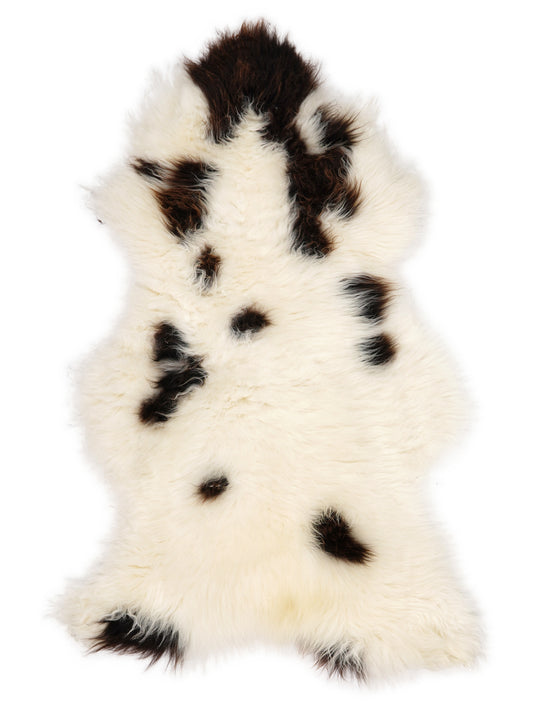 British multicolour sheepskin rug of about 130 × 70 cm, seen from above: the exact sheepskin you receive