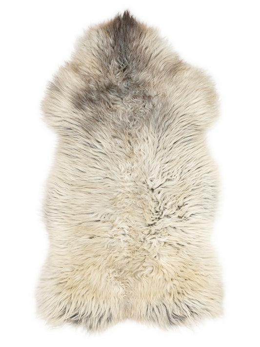 British multicolour sheepskin rug of about 110 × 60 cm, seen from above: the exact sheepskin you receive