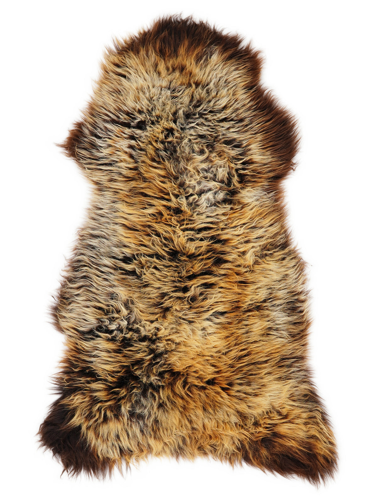 British multicolour sheepskin rug of about 130 × 60 cm, seen from above: the exact sheepskin you receive