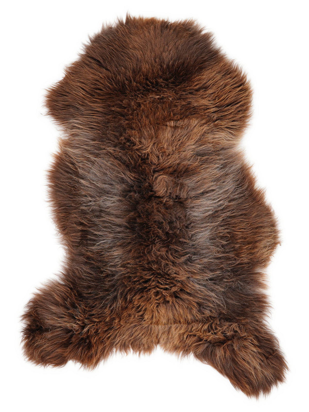 Brown sheepskin rug of about 120 × 65 cm, seen from above: the exact sheepskin you receive