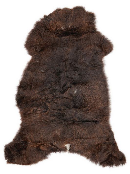 Brown sheepskin rug of about 105 × 55 cm, seen from above: the exact sheepskin you receive