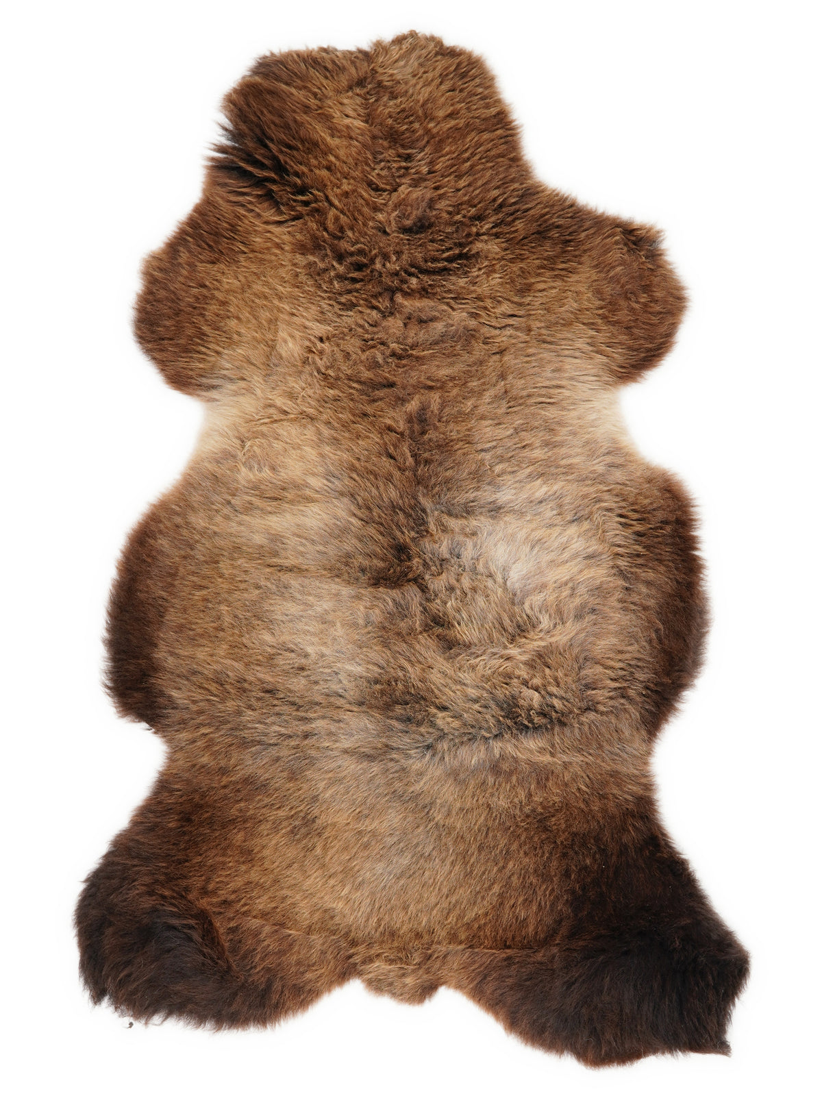 Brown sheepskin rug of about 115 × 50 cm, seen from above: the exact sheepskin you receive