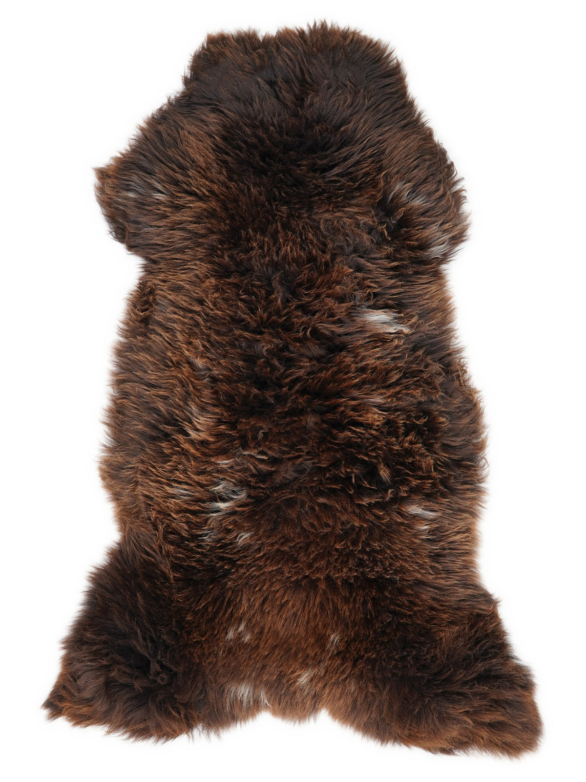 Brown sheepskin rug of about 130 × 65 cm, seen from above: the exact sheepskin you receive