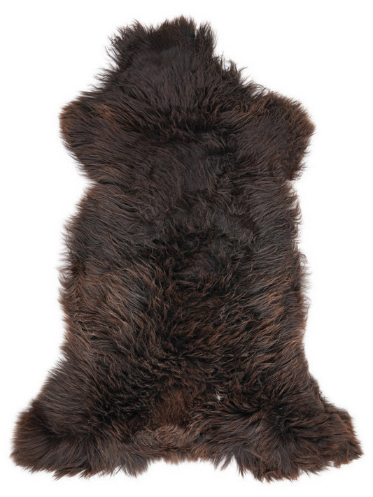 Brown sheepskin rug of about 125 × 60 cm, seen from above: the exact sheepskin you receive