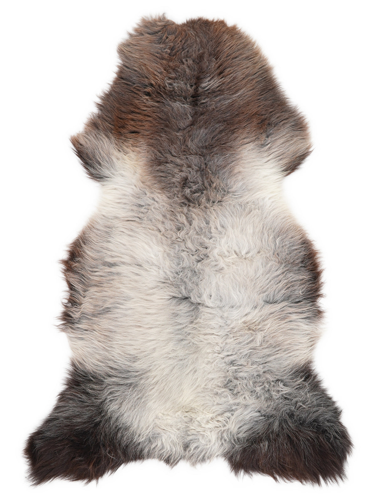 British multicolour sheepskin rug of about 125 × 65 cm, seen from above: the exact sheepskin you receive
