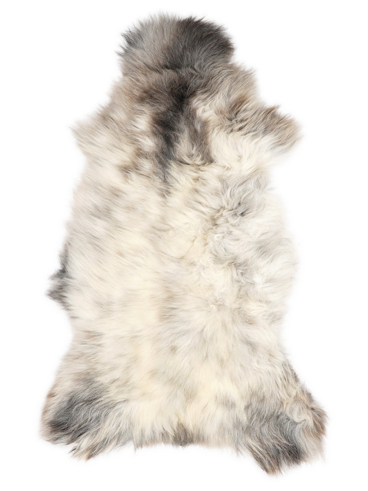 British multicolour sheepskin rug of about 130 × 65 cm, seen from above: the exact sheepskin you receive