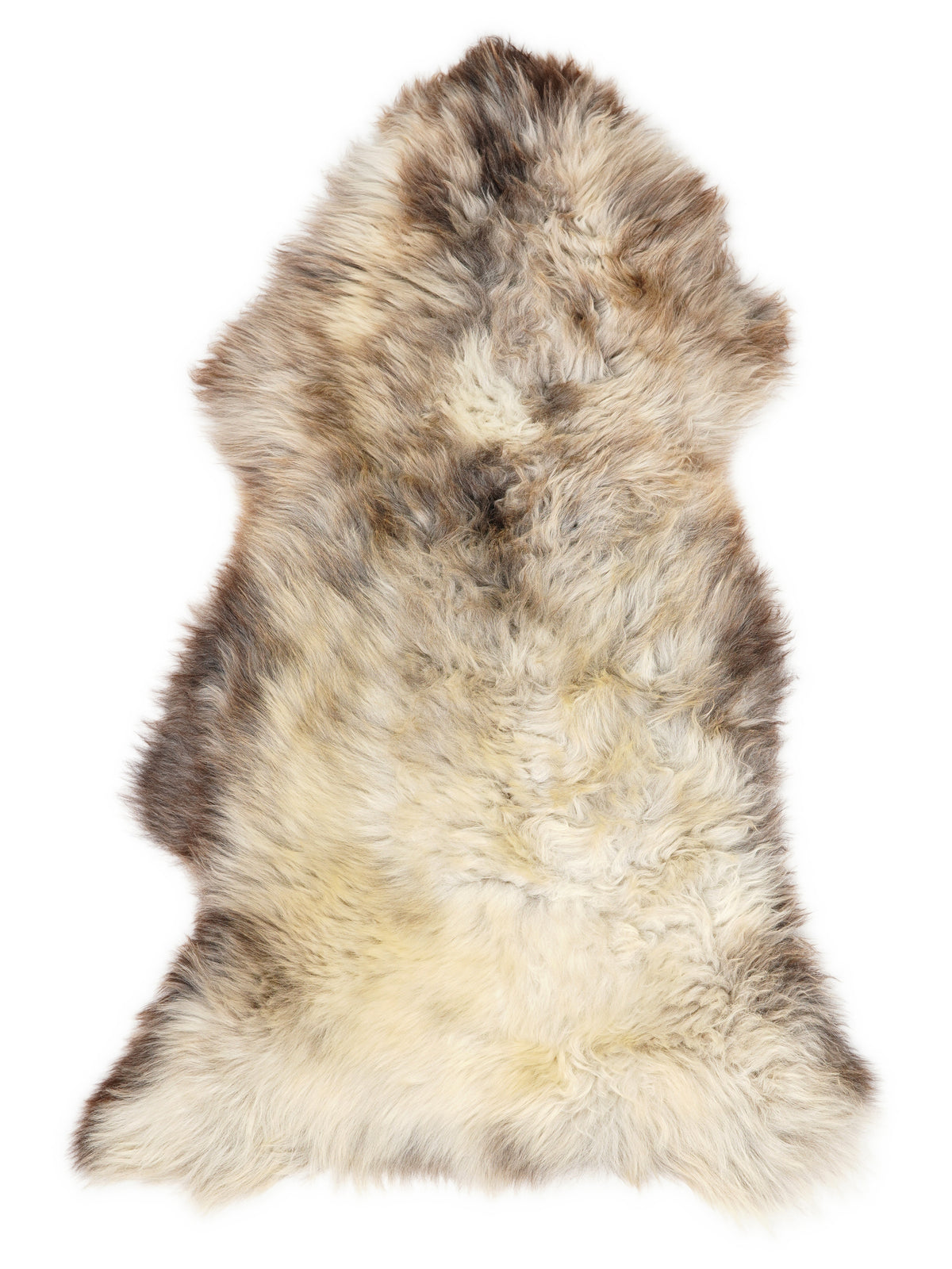 British multicolour sheepskin rug of about 125 × 65 cm, seen from above: the exact sheepskin you receive