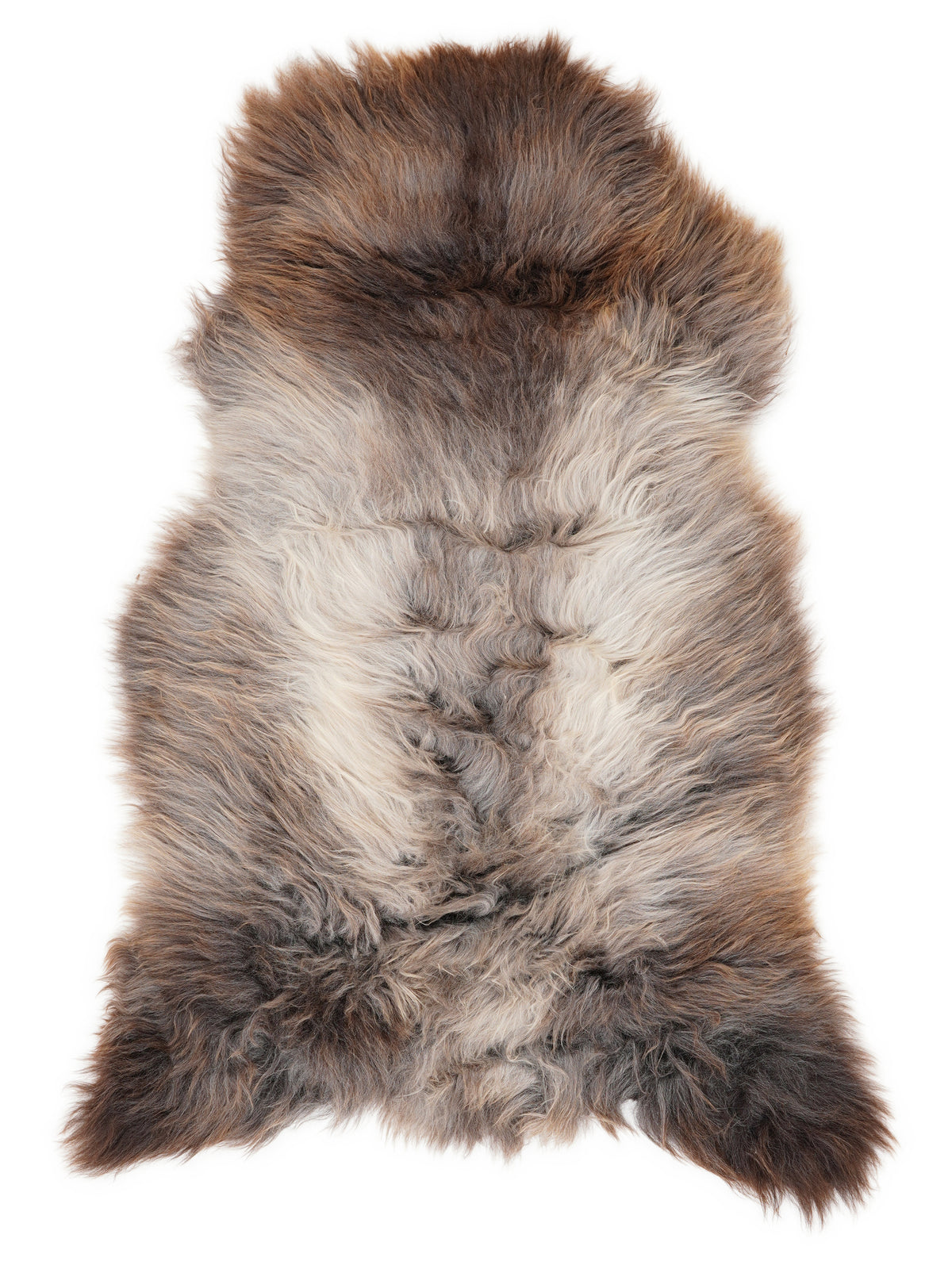 British multicolour sheepskin rug of about 125 × 70 cm, seen from above: the exact sheepskin you receive