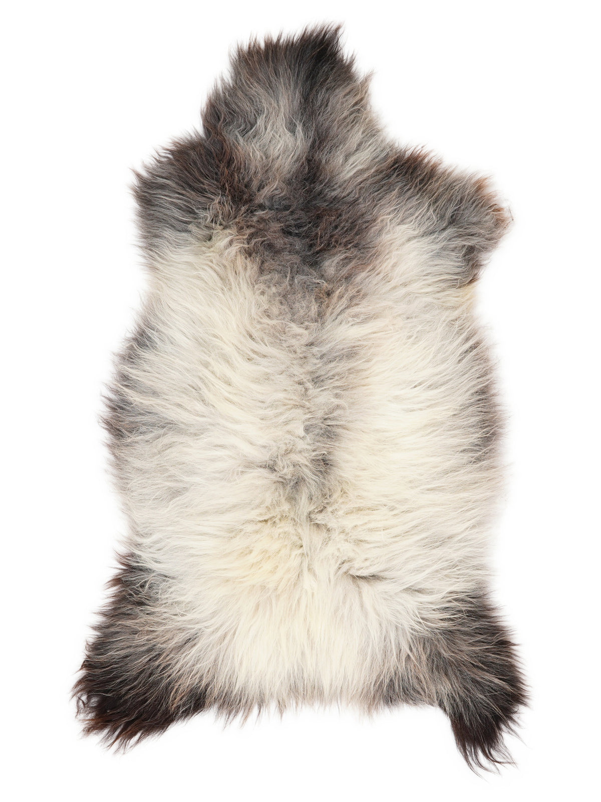 British multicolour sheepskin rug of about 130 × 65 cm, seen from above: the exact sheepskin you receive