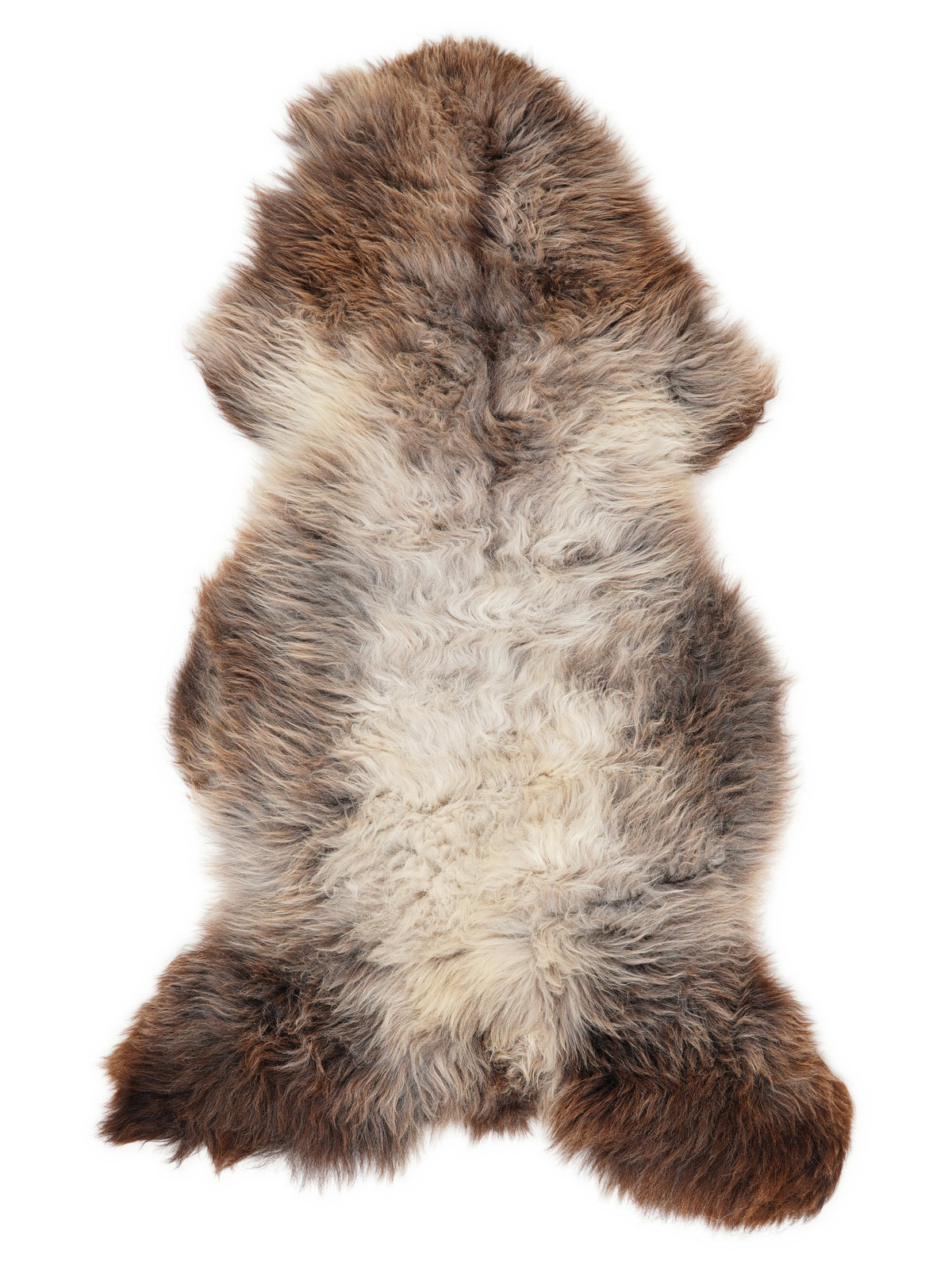 British multicolour sheepskin rug of about 135 × 65 cm, seen from above: the exact sheepskin you receive