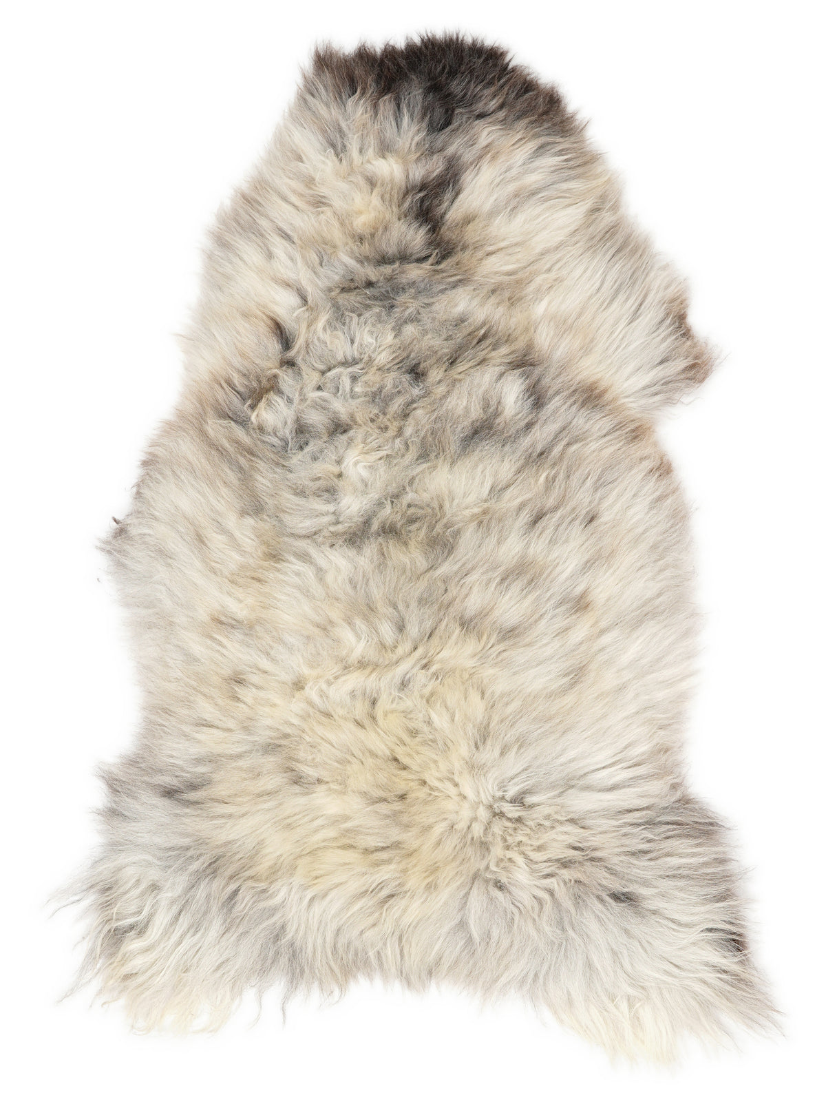 British multicolour sheepskin rug of about 130 × 70 cm, seen from above: the exact sheepskin you receive