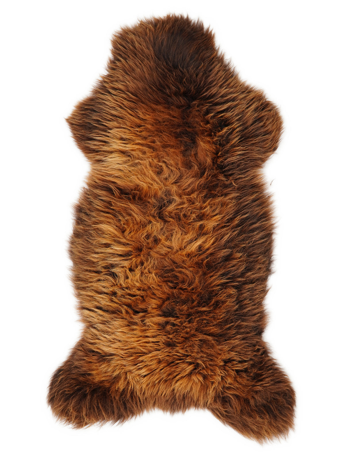 Brown sheepskin rug of about 125 × 55 cm, seen from above: the exact sheepskin you receive